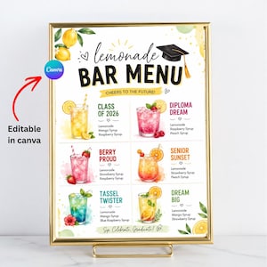 Può includere: Un menu bar di limonata incorniciato con cornice e supporto dorati. Il menu presenta illustrazioni colorate di varie bevande alla limonata, tra cui "Class of 2026" e "Diploma Dream". Il testo "Lemonade Bar Menu" è in alto.