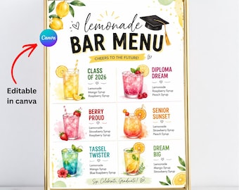 Graduation Party Lemonade Bar Menu 6 Drink instruction Sign Custom Class of 2026 grads Grad Drink Station Decor PRINTABLE