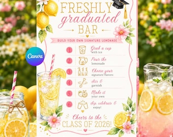 Letrero editable para barra de limonada de graduación: Tema de limón amarillo imprimible (Descarga digital)