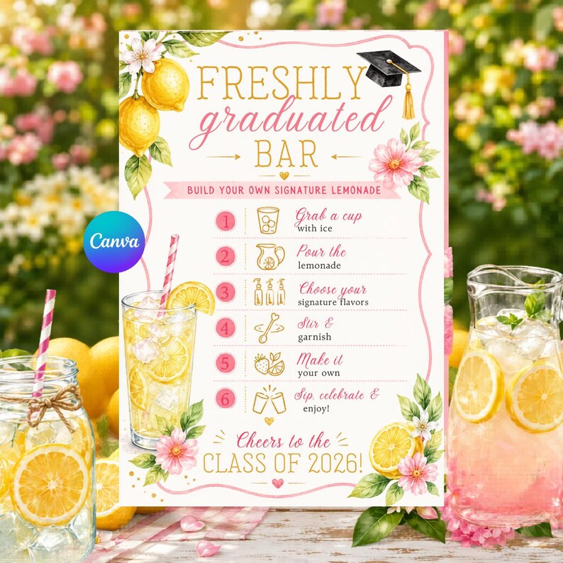 Editable Graduation Lemonade Bar Sign: Printable Yellow Lemon Theme ...