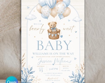 Invitación editable "Podemos esperar" para baby shower con tema de oso de peluche y globo aerostático, descarga instantánea.