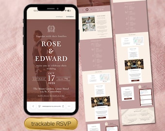 Plantilla de invitación digital para sitio web de boda de otoño color burdeos / Invitación de boda de otoño con confirmación de asistencia rastreable, reproducción de música, cuenta regresiva en vivo / Canva