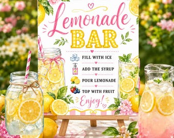 Lemonade Bar Sign Printable, Mocktail Bar Decor, Bridal Shower Lemonade Station, Baby Shower Drink Menu, Canva Template Download FG