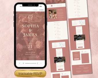 Plantilla web de boda en tonos rosa y champán / Boda romántica en un jardín / Invitación de boda digital / Seguimiento de RSVP, reproductor de música, cuenta atrás en directo
