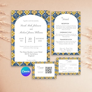 May include: Wedding stationery set with a blue and yellow tile pattern. The invitation includes the names Sarah Beth Johnson and Michael James Williams, the date, time, and venue. Additional cards detail reception and RSVP information.