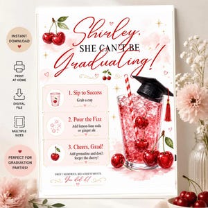Puede incluir: Un cartel con temática de graduación con el texto "Shirley, She Can't Be Graduating!" en escritura roja. Presenta una receta de cóctel de cerezas con un birrete, cerezas y una pajita a rayas. La impresión incluye iconos para descarga instantánea.
