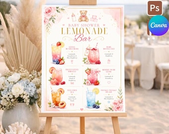 Plantilla de letrero para barra de limonada de baby shower, menú de bebidas editable en Canva para baby shower, estación de limonada rosa y azul, decoración imprimible para baby shower