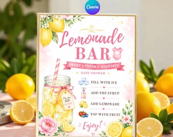 Plantilla editable para cartel de barra de limonada para baby shower, menú de bebidas editable en Canva para baby shower, estación de limonada rosa y azul, imprimible para baby shower