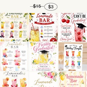 Peut inclure: Un fichier PNG numérique présentant un design "13 Lemonade Bar". L'image comprend diverses recettes de limonade avec des illustrations colorées et du texte. Le design inclut les mots "Lemonade Bar" en polices décoratives, adapté aux célébrations de remise de diplômes.