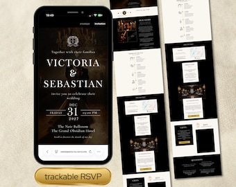 Plantilla web de boda Midnight Noir / Boda de etiqueta / Invitación elegante y lujosa en tonos oscuros / Seguimiento de RSVP, reproductor de música, cuenta regresiva en vivo