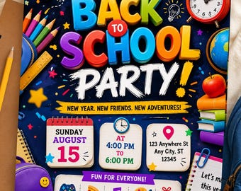 Back To School Party Invitation, Editable Canva Invite (Digital Download)