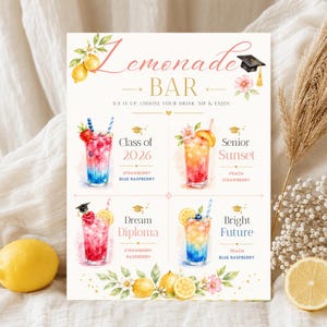 May include: A watercolor-style lemonade bar sign with four drink options: Class of 2026, Senior Sunset, Dream Diploma, and Bright Future. Each drink is illustrated with fruit and a straw. The sign is decorated with lemons and flowers.