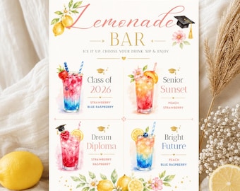 Letrero editable para barra de limonada, menú para estación de bebidas de graduación, decoración imprimible para bebidas, plantilla de Canva de 4 jarabes.