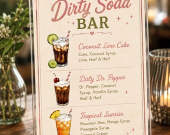 Modèle de plaque de soda prête à éclater, menu modifiable sur toile, soda bar rayé rose dessiné à la main, recettes de boissons pour baby shower, téléchargement immédiat