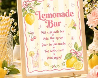 Letrero para barra de limonada, descarga digital, fiesta de recién graduada, instrucciones para fiesta de cumpleaños de limonada rosa de graduación de secundaria para niñas