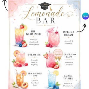 May include: A colorful lemonade bar menu with six different drink options, including "The Grad-iator" and "Diploma Dream." The menu features watercolor illustrations of the drinks, with ingredients listed below each. The text "Editable in Canva" is at the top.