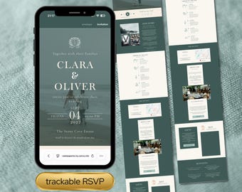 Plantilla de sitio web de boda Sea Glass Edit / Boda costera verde salvia / Sitio web de boda en Canva / Seguimiento de RSVP, reproductor de música, cuenta regresiva en vivo