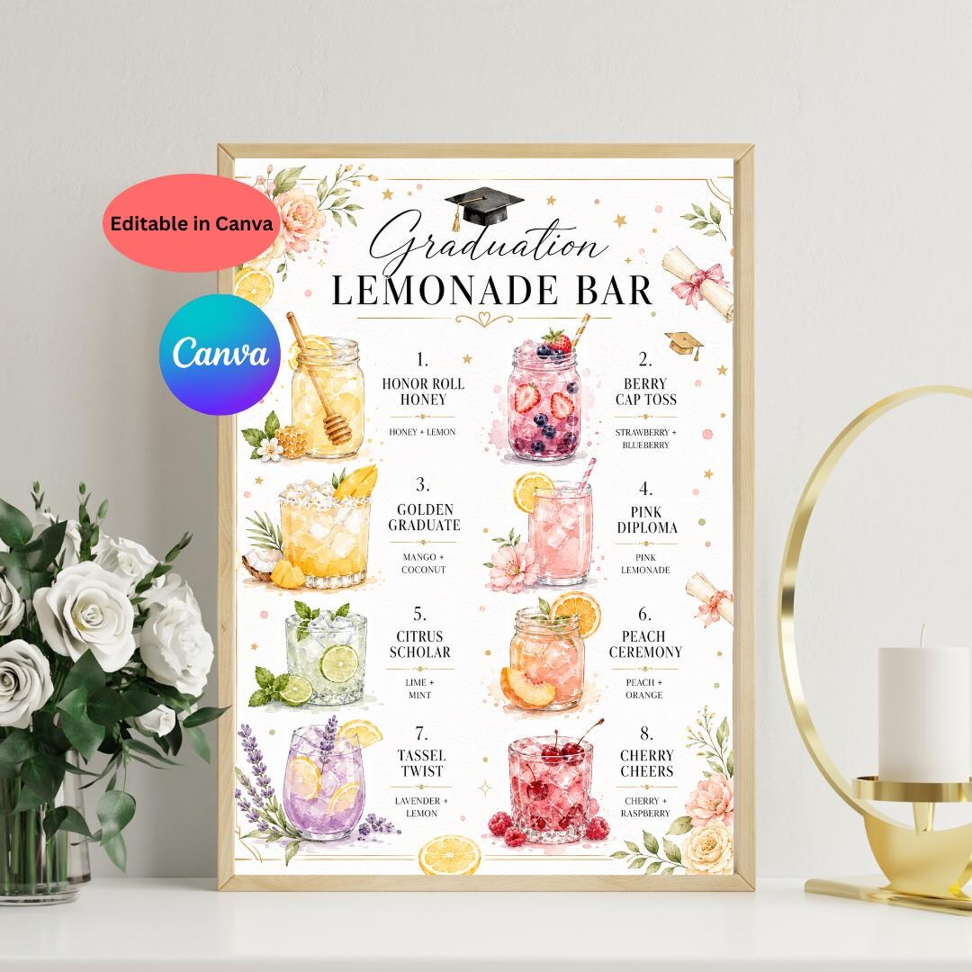 CUSTOM Graduation Party Lemonade Bar Menu Canva Template 6 Dirty Soda ...