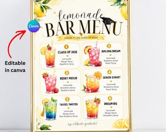 Menú editable y personalizado para barra de limonada de fiesta de graduación. 6 instrucciones para bebidas. Letrero personalizado para graduados de la Clase de 2026. Decoración para estación de bebidas de graduación. IMPRIMIBLE.