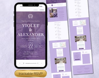 Plantilla web de boda Lavender Silver / Invitación digital elegante (Canva) con confirmación de asistencia rastreable y cuenta regresiva.