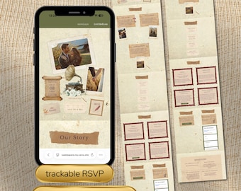 Farmhouse Wedding Website Template | Vintage Autumn Wedding Template Canva | Rustic Heirloom Invitation | Editable RSVP Countdown Music