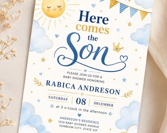 Voici le fils, Invitation de baby shower modifiable Boho Sunshine, modèle imprimable de fête d'anniversaire en toile