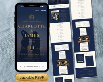Plantilla de invitación para sitio web de bodas / Sitio web de bodas digital clásico y elegante en azul marino y dorado con confirmación de asistencia rastreable, reproducción de música y cuenta regresiva en vivo / Canva