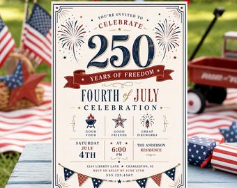 Invitación para la fiesta del 250 aniversario de Estados Unidos, invitación para el 4 de julio, barbacoa patriótica, celebración de 250 años de libertad, plantilla editable de Canva.