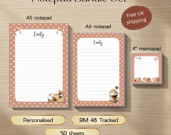 Personalised Notepad Set, A5 A6 4 Inch Memo Pad Bundle, Cute Coffee Cafe Stationery, Custom Name Notepad, Coffee Lover Gift UK