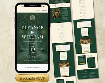 Plantilla web de boda Esmeralda y Crema / Invitación de boda digital lujosa y elegante / Seguimiento de RSVP, reproductor de música, cuenta regresiva en vivo