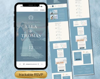 Plantilla de sitio web para bodas en la costa / Boda costera en tonos azul empolvado / Sitio web de bodas en Canva / Seguimiento de RSVP, reproductor de música, cuenta regresiva en vivo
