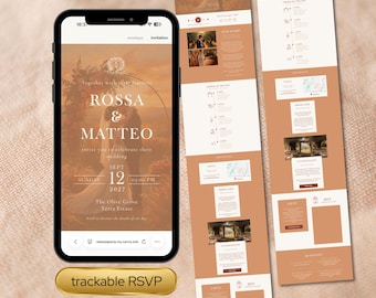 Plantilla web de boda en terracota y arcilla / Boda mediterránea / Invitación de boda digital / Seguimiento de RSVP, reproductor de música, cuenta atrás en directo