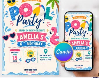 Invitación de cumpleaños editable para piscina, invitación para fiesta en la piscina, invitación de cumpleaños para fiesta de verano, fiesta de natación, invitación para piscina, descarga instantánea