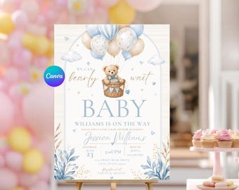 Invitación editable para baby shower con globos de oso pardo, invitación para baby shower "Apenas podemos esperar", invitación para baby shower con oso bohemio azul para niño en Canva Digital