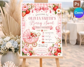 Letrero de bienvenida para baby shower con diseño de fresas (plantilla editable de Canva), decoración para baby shower con temática de frutos rojos, letrero rosa para baby shower de niña.