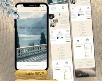 Lake Como Wedding Website Template | Editorial Italian Canva Design | Elegant Blue Gold Digital Invitation | Customisable, RSVP, Music