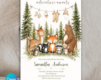 Invitación para baby shower con temática de bosque, Te espera una aventura en el bosque, Invitación con artículos para bebé, Invitación con animales del bosque, Baby shower con temática de bosque