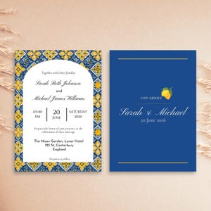 May include: Wedding invitation set featuring a blue and yellow floral design. The invitation includes the names Sarah Beth Johnson and Michael James Williams, with the date June 20, 2026. The back of the card is blue with the words "con amore".