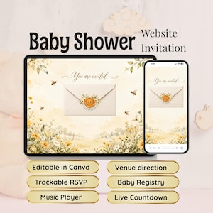 Op de afbeelding: Een digitale baby shower uitnodiging getoond op een tablet en smartphone. Het ontwerp bevat een crèmekleurige envelop met een gouden waszegel, omringd door aquarelillustraties van gele bloemen, bijen en een veld.
