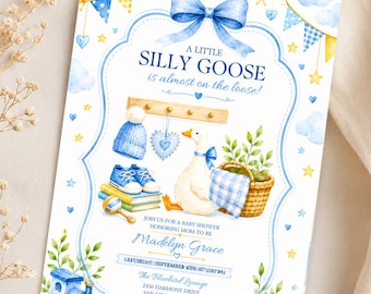 Silly Goose Baby Shower Invitation Template , Baby shower invitation: Silly Goose blue gingham - editable canva