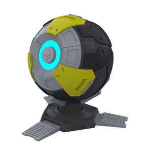 May include: A futuristic, spherical device with a segmented design in black, yellow, and gray. It features a glowing blue center with a skull emblem and rests on a gray base with extending panels. The logo "PROFORGE 3D MODELS" is visible.