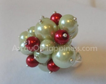 Christmas Cheer Pearl Cluster Adjustable Ring, retro, chunky, bubble OOAK