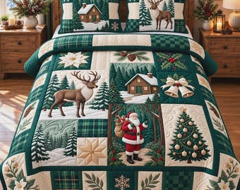 Juego de ropa de cama navideña, manta rústica de cabaña, ropa de cama de invierno con renos y Papá Noel, decoración navideña para el dormitorio.