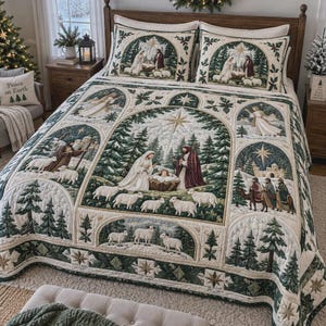May include: A quilted bedspread and two matching pillow shams featuring a nativity scene with Mary, Joseph, and the infant Jesus surrounded by sheep, angels, and pine trees. The design includes arched panels with a cream and dark green colour palette.
