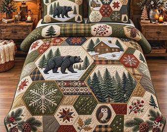 Juego de ropa de cama con diseño de osos, colcha rústica con motivos del bosque, decoración para dormitorio de cabaña, acento para el hogar en un refugio de invierno.