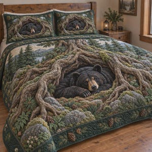 Puede incluir: Una colcha y dos fundas de almohada a juego con una escena forestal detallada que muestra osos negros descansando entre las raíces nudosas y texturizadas de grandes árboles. El diseño incluye pinos, montañas, rocas y piñas en tonos tierra.
