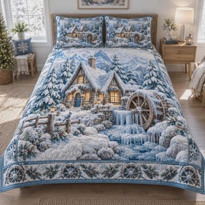 Op de afbeelding: Een sprei en twee bijpassende kussenslopen met een wintertafereel van een stenen huisje, een waterrad, besneeuwde dennenbomen en bergen. Het ontwerp gebruikt blauwe en witte tinten, met een randpatroon van wielen en hulsttakken.