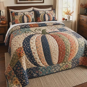 May include: A patchwork quilt and two matching pillow shams featuring a large central pumpkin motif. The bedding is constructed from various fabric squares in shades of navy blue, orange, cream, and green, decorated with floral and polka dot patterns.