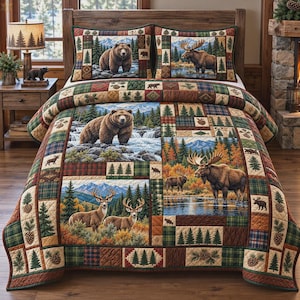 Juego de ropa de cama con estampado de animales salvajes, manta con diseño de oso, alce y ciervo, ropa de cama rústica para cabaña, decoración para dormitorio de cabaña.