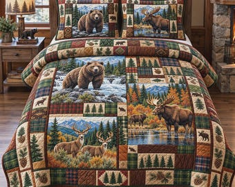 Juego de ropa de cama con estampado de animales salvajes, manta con diseño de oso, alce y ciervo, ropa de cama rústica para cabaña, decoración para dormitorio de cabaña.